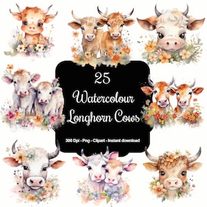 Springtime Steers: 25 Watercolour Spring Floral Longhorn Cows Clipart Collection