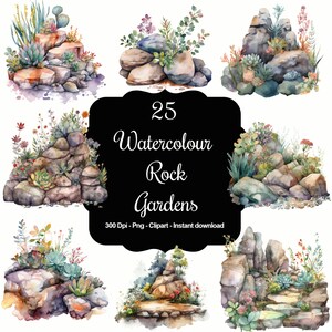 Piedras zen: conjunto de 25 imágenes prediseñadas de jardines de rocas en acuarela
