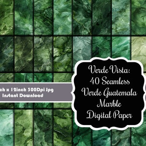 May include: A set of 40 digital paper designs featuring a seamless pattern of green marble. The marble has a light green and dark green color scheme with white veins. The text "Verde Vista: 40 Seamless Verde Guatemala Marble Digital Paper" is displayed on a black label.