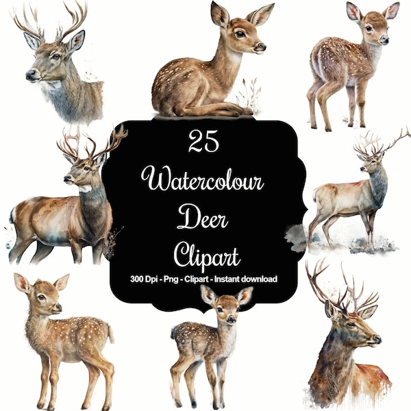 25 Watercolour Deer, High Quality Clipart, Christmas decoration, Instant Download, 300 Dpi, Transparent PNG Files, Commercial use