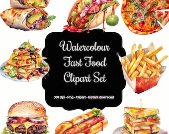 Fast Food Fancies: 30 Watercolour Fast Food Items Clipart Set