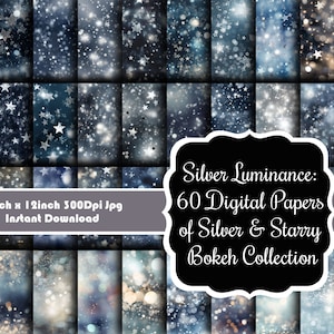 Può includere: Una collezione di 60 carte digitali con design bokeh argentati e stellati. Ogni carta misura 30.48 cm x 30.48 cm. L'immagine presenta vari sfondi con stelle ed effetti scintillanti, perfetti per progetti di arte digitale.