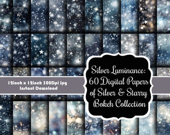 Silver Luminance: 60 Digital Papers of Silver & Starry Bokeh Collection