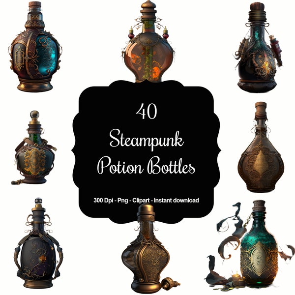 Alchemy & Aesthetics: 40 Steampunk Potion Bottles Clipart Set