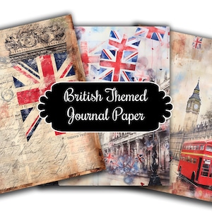 May include: Three digital paper designs with a British theme. The first design features a vintage newspaper background with the Union Jack flag. The second design features a watercolor background with the Union Jack flag. The third design features a watercolor background with Big Ben, a red double-decker bus, and the Union Jack flag.