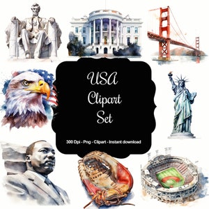 Tapeçaria Americana: 40 Imagens Clipart Em Aquarela Representando Os EUA