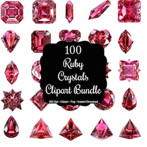 May include: A digital clipart bundle of 100 ruby crystals in various shapes and sizes. The crystals are red and have a shiny, gemstone-like appearance. The text "100 Ruby Crystals Clipart Bundle" is displayed in a black banner.