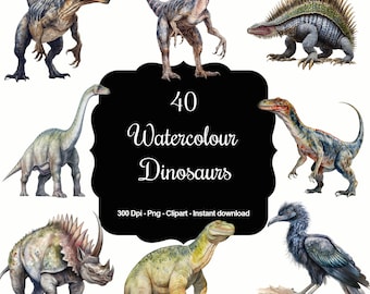 Acuarela jurásica: colección de 40 imágenes prediseñadas de dinosaurios en acuarela realistas