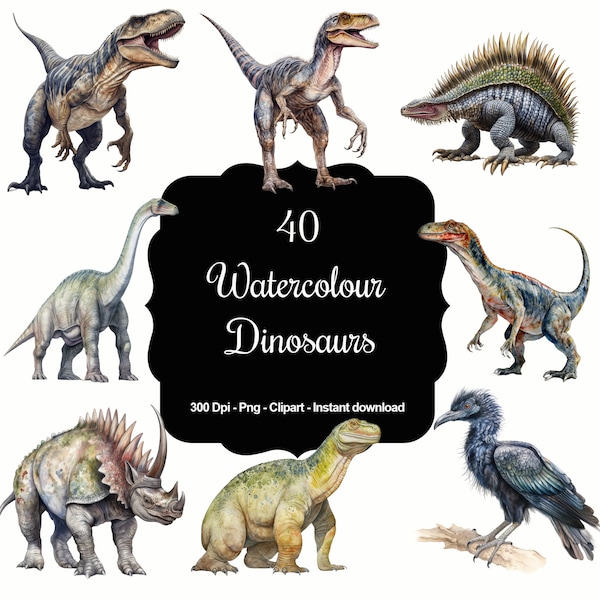 Jurassic Aquarelle: 40 Realistic Watercolor Dinosaurs Clipart Collection