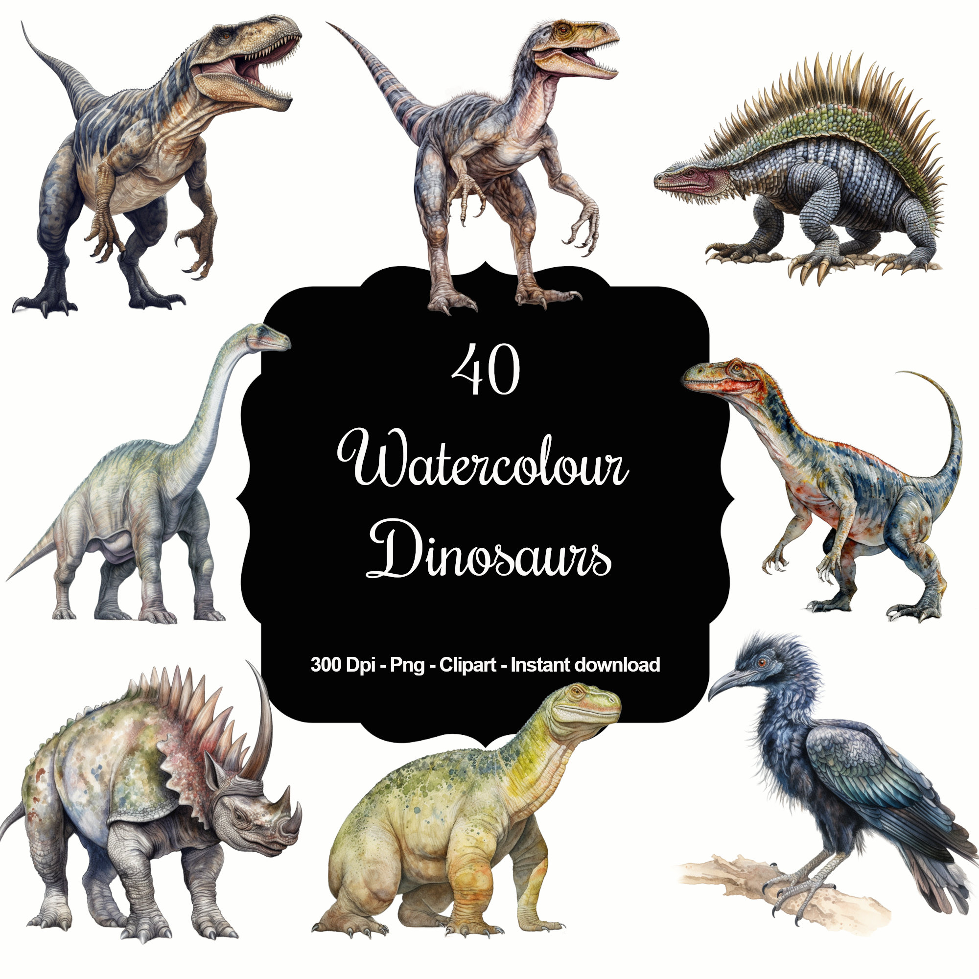 Jurassic Aquarelle: 40 Realistic Watercolor Dinosaurs Clipart ...