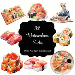 Roll into Flavour: 32 clipartcollectie aquarelsushi