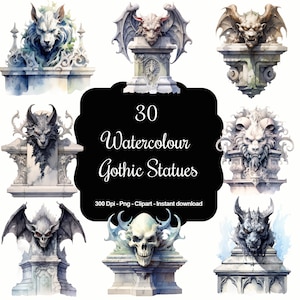 Stone Whispers: 30 Gothic Statues Watercolor Clipart Set