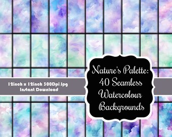 Nature's Palette: 40 Seamless Watercolour Backgrounds in Greens, Blues & Purples