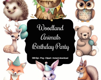 35 Birthday Party Woodland/Forest Animals and Elements Clipart Set, Instant Download, 300 Dpi, Transparent PNG Files, Commercial use