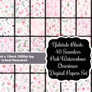 Puede incluir: Un conjunto de 40 papeles digitales con diseños navideños de acuarela rosa. Los diseños incluyen árboles de Navidad, adornos, acebo y otros elementos festivos. Los papeles miden 30,48 cm por 30,48 cm y 300 dpi.