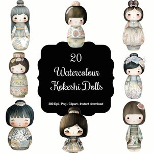 Amuleto Kokeshi: conjunto de clipart de 20 bonecas Kokeshi japonesas em aquarela