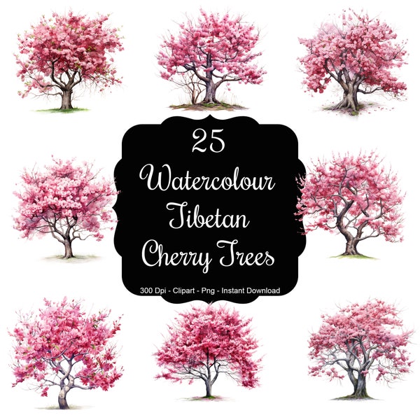 Himalayan Blush: 25 Watercolour Tibetan Cherry Trees Clipart Set