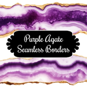 Op de afbeelding: Twee naadloze paarse agaatranden met gouden accenten. De agaat is lichtpaars met donkerdere paarse aderen en swirls. De tekst "Purple Agate Seamless Borders" staat in het midden van de afbeelding.