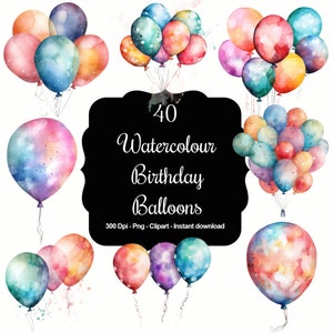 Festliche Wagen: 40 Wasserfarben Geburtstagsballons Clipart Set
