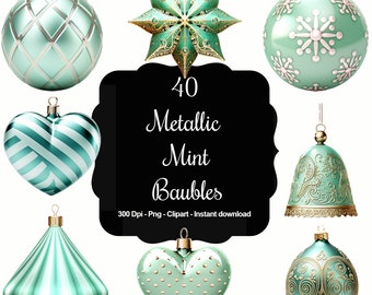 Minted Radiance: 40 Metallic Mint Christmas Baubles Clipart Collection