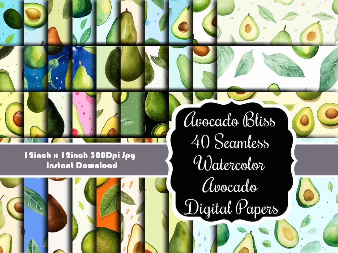 Avocado Bliss: 40 Seamless Watercolor Avocado Patterns Digital Papers ...