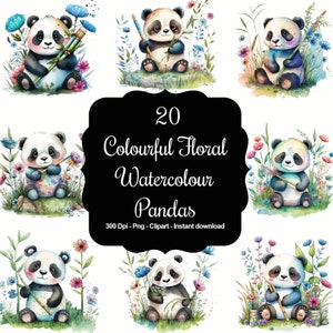 Pandas en fleurs : ensemble de 20 cliparts de pandas floraux aquarelles colorés, parfaits pour la décoration de chambre d'enfant