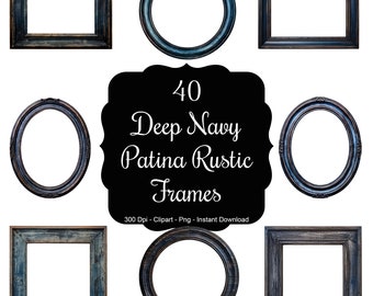 Midnight Timber: 40 Deep Navy Patina Rustic Wooden Frames Clipart Set
