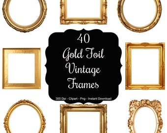 May include: Set of 40 gold foil vintage frames. The frames are in various shapes and sizes, including round, square, and oval. The frames are all gold and have a vintage look.