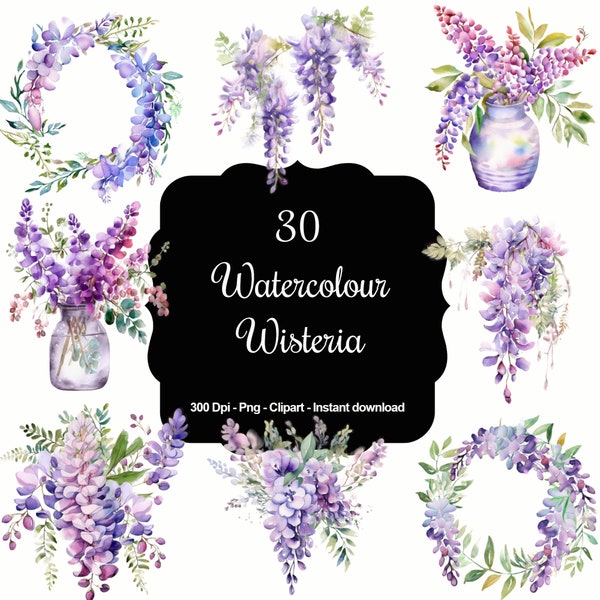 Cascade de lavande : 30 cliparts de fleurs de glycine aquarelles
