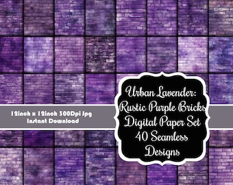 Urban Lavender: conjunto de papeles digitales con texturas rústicas de ladrillo morado: 40 diseños sin costuras