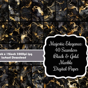Majestic Elegance: 40 collezione di carta digitale in marmo nero e oro senza soluzione di continuità