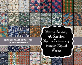 Korean Tapestry: 40 Seamless Korean Embroidery Patterns Digital Papers Set