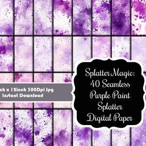May include: A digital paper pack with 40 seamless purple paint splatter patterns. Each pattern is 12 inches by 12 inches and 300 dpi. The pack is available for instant download.