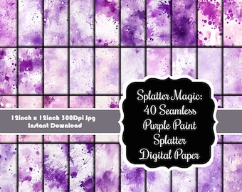 Purple Splatter Magic: 40 Seamless Purple Paint Splatter Digital Paper Collection