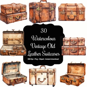 Traveler's Treasures: 30 aquarel vintage leren koffers clipartset