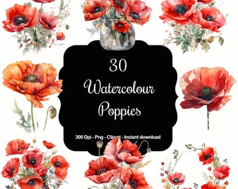 Scarlet Whispers: 30 Watercolour Poppies Clipart Set