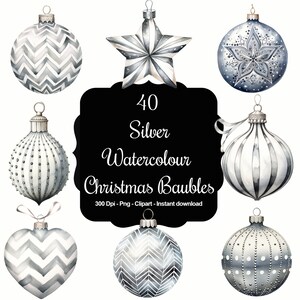 May include: A set of 40 silver watercolor Christmas baubles in various shapes and designs, including stars, hearts, and round ornaments. The baubles are decorated with geometric patterns, dots, and stripes.