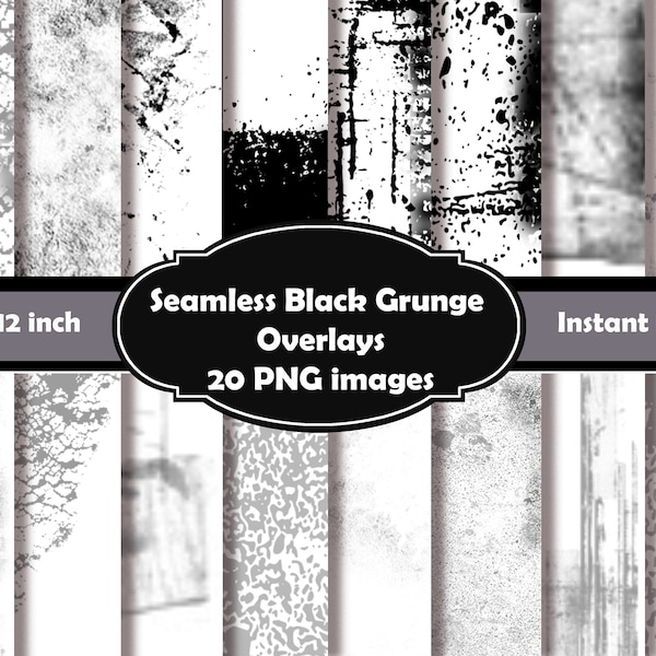 Dark Elegance: 20 Black Grunge Seamless Overlay Clipart Bundle