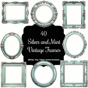 Serenidad vintage: paquete de imágenes prediseñadas de 40 marcos vintage en tonos plata y menta