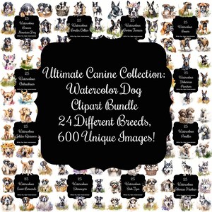 Collection canine ultime : lot de cliparts chien aquarelle - 24 races différentes, 600 images uniques - parfait pour les amoureux des chiens !