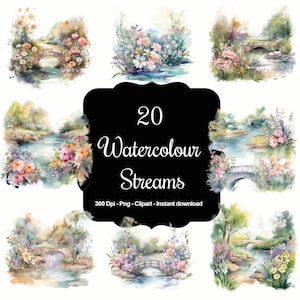 20 Watercolour Streams, Nature Graphics, High Quality Clipart, Instant Download, 300 Dpi, Transparent PNG Files, Commercial use