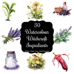 Könnte beinhalten: Ein Set mit 30 Aquarell-Illustrationen von Zutaten für Hexerei. Die Illustrationen zeigen einen Frosch, eine rote Paprika, ein Glas Salz, Lavendel, Salbei, Pilze und schwarzes Salz. Der Text "30 Watercolor Witchcraft Ingredients" ist auf einem schwarzen Banner geschrieben.