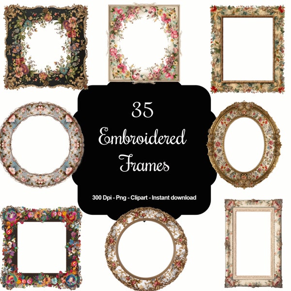 35 Embroidered Frames, High Quality Clipart, Instant Download, 300 Dpi, Transparent PNG Files, Commercial use
