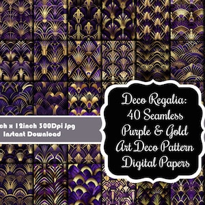 Deco Regalia: 40 bezszwowych fioletowych i złotych wzorów papieru cyfrowego Art Deco