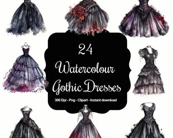 Victorian Shadows: 24 Watercolour Gothic Dresses Clipart Set