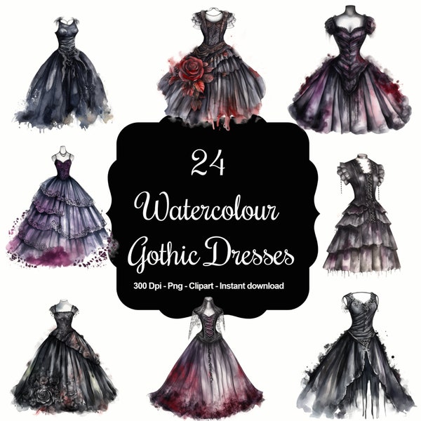 Victorian Shadows: 24 Watercolour Gothic Dresses Clipart Set
