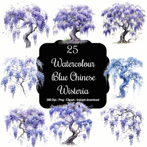 Serenidad Azul: Conjunto de imágenes prediseñadas de 25 árboles de glicina china azul acuarela
