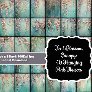 Teal Blossom Canopy: 40 flores rosas penduradas em fundo azul-petróleo Conjunto de papéis digitais