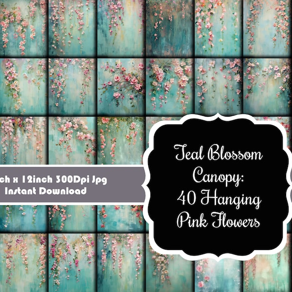 Teal Blossom Canopy: 40 Hanging Pink Flowers on Teal Background Digital Papers Set