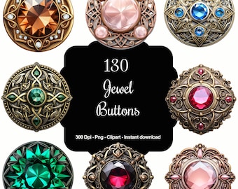Gemstone Grandeur: 130 Gem Buttons Clipart - Diamonds, Emeralds, Sapphires & More!